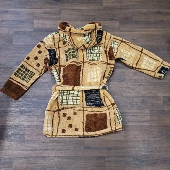 Boys Small S Hooded Plush Fleece Robe Tan Brown Soft Warm - Picture 7 of 8